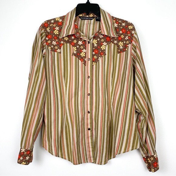 Vintage Gordon James western shirt striped & floral pearl snap top size large - Picture 1 of 9